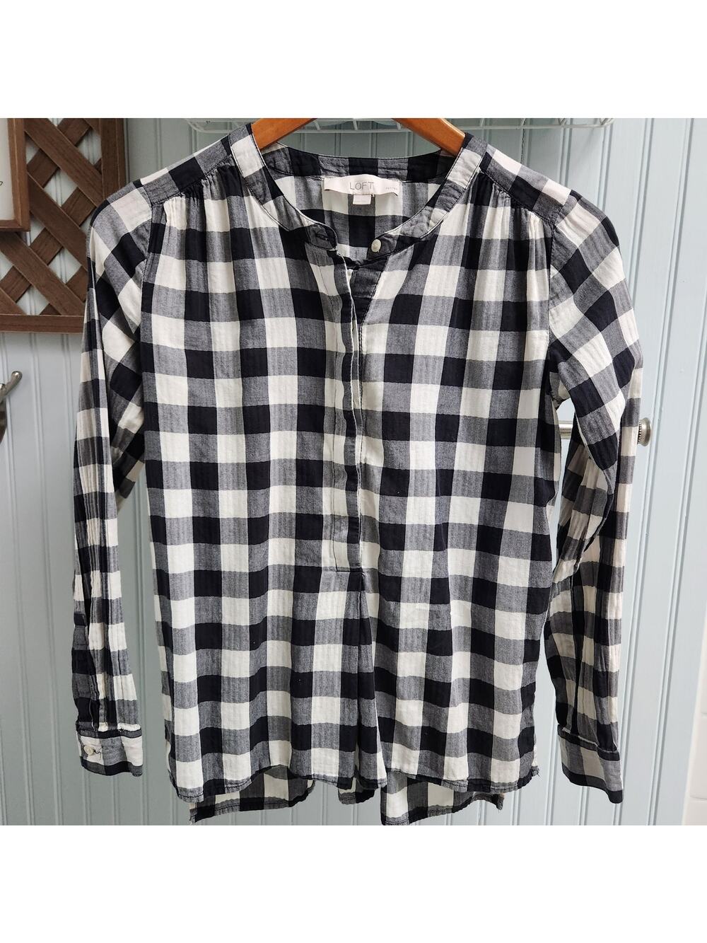 Loft Black and White Checkered Mandarin Collar Long Sleeve Blouse